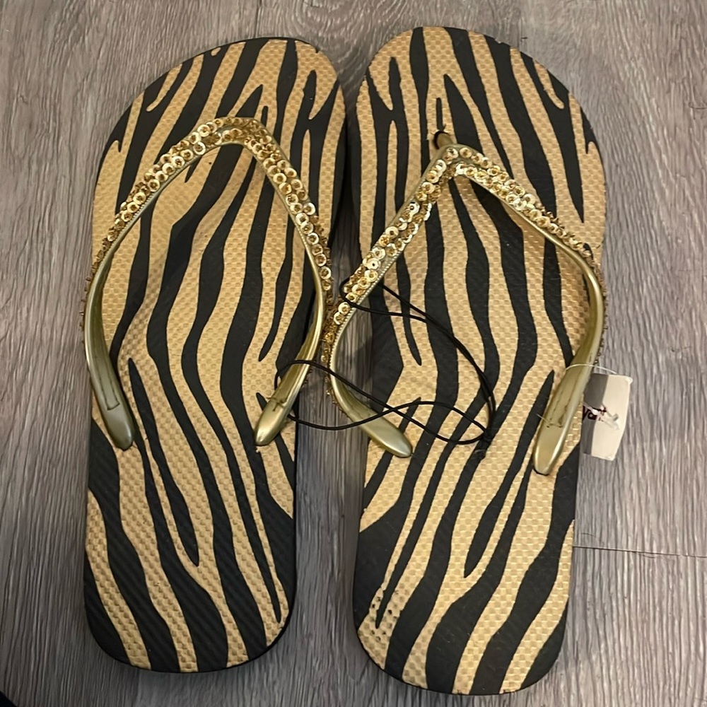 Brand New Tiger and Sequin Flip Flops 11/12